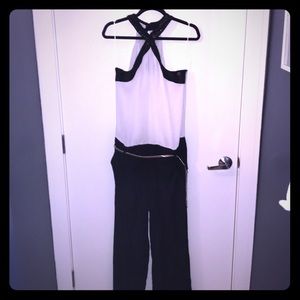 Black & white criss-cross sequin trimmed jumpsuit